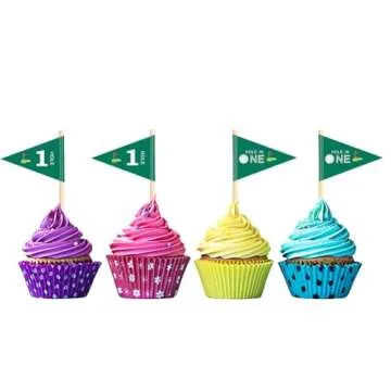 VOWFOO Golf Themed Toothpick Flags, 20 PCS Hole In One 1st Birthday Golf Cocktail Picks Mini Stick Cupcake Toppers Flags for Baby 1st Birthday Party Food Bar Decorations (Green Hole In 1)