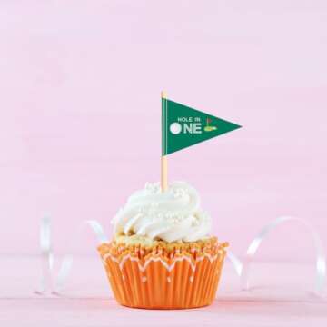 VOWFOO Golf Themed Toothpick Flags, 20 PCS Hole In One 1st Birthday Golf Cocktail Picks Mini Stick Cupcake Toppers Flags for Baby 1st Birthday Party Food Bar Decorations (Green Hole In 1)