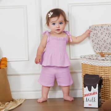 VISGOGO Infant Baby Toddler Girls Summer Clothes Solid Color Sleeveless Camisole Linen Short Set Bab...