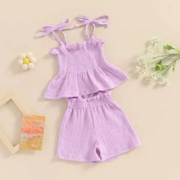 VISGOGO Infant Baby Toddler Girls Summer Clothes Solid Color Sleeveless Camisole Linen Short Set Baby Summer Outfits (Purple, 2-3 Years)