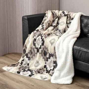 Northwest Ashford Home Cozy Silk Touch Ribbed Throw Blanket with Sherpa, Nadira Ikat 50 x 60 inches