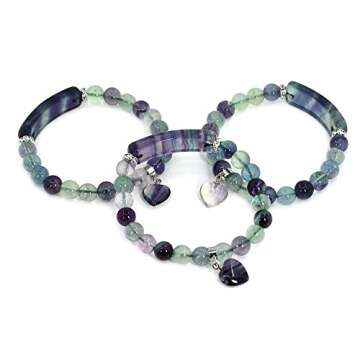 Natural Fluorite Gem Semi Precious Gemstone Love Heart Charm Stretch Bracelet