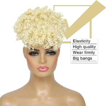 ENTRANCED STYLES Drawstring Ponytail with Bangs Afro Puff Ponytail Extensions for Women Short Curly Puff Ponytail with Bangs Clip in Wrap Updo Hairpiece for Women (613#) 12 Inch