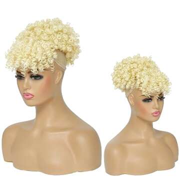 ENTRANCED STYLES Drawstring Ponytail with Bangs Afro Puff Ponytail Extensions for Women Short Curly Puff Ponytail with Bangs Clip in Wrap Updo Hairpiece for Women (613#) 12 Inch