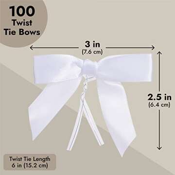 Juvale Twist Tie Bows - Satin Ribbon Small Bows for Gift Wrapping Treats, Party Favors, Craft Decoration - White 3" - 100-Pack