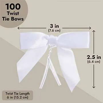 Juvale Twist Tie Bows - Satin Ribbon Small Bows for Gift Wrapping Treats, Party Favors, Craft Decoration - White 3" - 100-Pack
