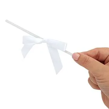 Juvale Twist Tie Bows - Satin Ribbon Small Bows for Gift Wrapping Treats, Party Favors, Craft Decoration - White 3" - 100-Pack