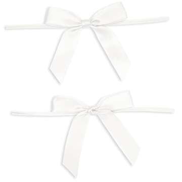 Juvale Twist Tie Bows - Satin Ribbon Small Bows for Gift Wrapping Treats, Party Favors, Craft Decoration - White 3" - 100-Pack