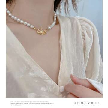 Faux Pearl Necklace Saturn Pendant Necklace Gold Planet Pearl Choker Rhinestone Pearl Necklace for Women