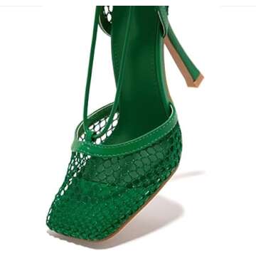 MUCCCUTE Square Toe Mesh Stiletto Heels for Women, Sexy Wrap Around Lace Up High-Heel Sandals Green 3.95IN