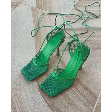 MUCCCUTE Square Toe Mesh Stiletto Heels for Women, Sexy Wrap Around Lace Up High-Heel Sandals Green 3.95IN