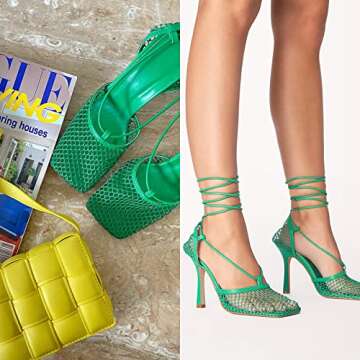 MUCCCUTE Square Toe Mesh Stiletto Heels for Women, Sexy Wrap Around Lace Up High-Heel Sandals Green 3.95IN