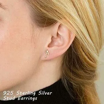 Sterling Silver Stud Earrings for Women, 925 Sterling Silver Gold Stud Earrings Letter K Initial Hyp...