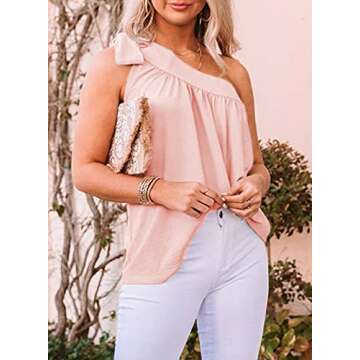 Dokotoo Womens 2024 Summer Tops Fashion One Shoulder Tie Knot Loose Fit Solid Sleeveless Shirts Ruched Tunic Tank Top Pink Small