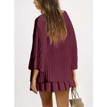 SENSERISE Skirt Sets Women 2 Piece Outfits Fall 2 Piece Sweater Set Long Sleeve Dress and Top Set Winter(Burgundy Red,M)