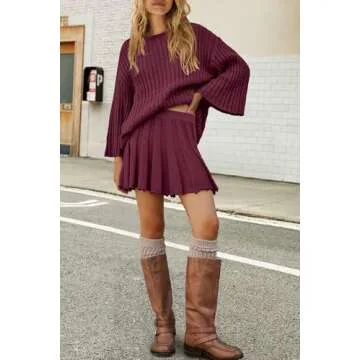 SENSERISE Skirt Sets Women 2 Piece Outfits Fall 2 Piece Sweater Set Long Sleeve Dress and Top Set Winter(Burgundy Red,M)