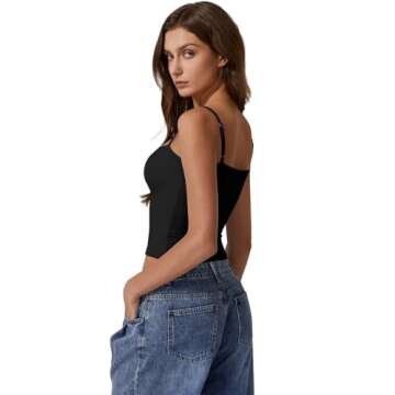 QINSEN Basic Cami Tank Top for Women Spaghetti Straps Sleeveless Double Lined Fashion T Shirt Tops Black M
