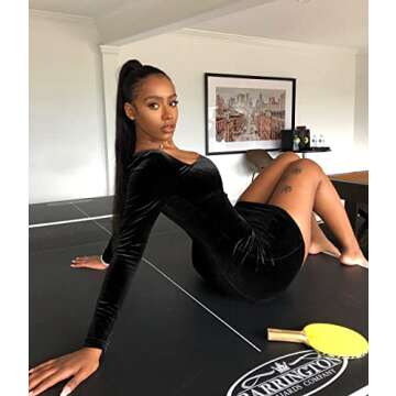GOBLES Womens Sexy Velvet Long Sleeve Bodycon Elegant Mini Party Dress Black