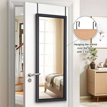PexFix Door Mirror Full Length 18"x51" Over The Door Rectangle Sleek Frame Space Saving Floor Mirror Dressing Hanging Wall Mounted Mirror-Black