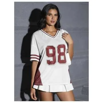 Verdusa Women's Jersey Shirts for Women Graphic Number Shirt Soccer Jersey Summer Oversized T Shirts Tops White Red Small