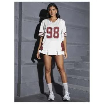 Verdusa Women's Jersey Shirts for Women Graphic Number Shirt Soccer Jersey Summer Oversized T Shirts Tops White Red Small