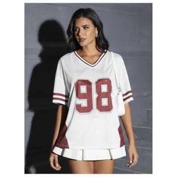 Verdusa Women's Jersey Shirts for Women Graphic Number Shirt Soccer Jersey Summer Oversized T Shirts Tops White Red Small