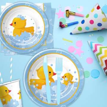 APOWBLS Rubber Duck Party Decorations Tableware - Duck Party Supplies, Plate, Cup, Napkin, Tablecloth, Cutlery, Bubble Bath Rubber Duck Theme Birthday Baby Shower Decorations Dinnerware | Serve 24