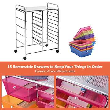 GOFLAME 15-Drawer Rolling Storage Cart, Multipurpose Movable Organizer Cart, Utility Cart for Home, Office, School, Rainbow