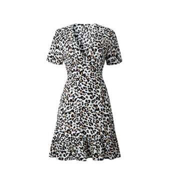 ECOWISH Womens Deep V Neck Floral Leopard Dress Short Sleeve Sexy Ruffles Fashion Mini Dress White L