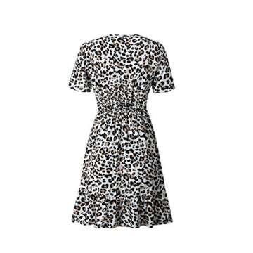 ECOWISH Womens Deep V Neck Floral Leopard Dress Short Sleeve Sexy Ruffles Fashion Mini Dress White L