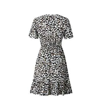 ECOWISH Womens Deep V Neck Floral Leopard Dress Short Sleeve Sexy Ruffles Fashion Mini Dress White L
