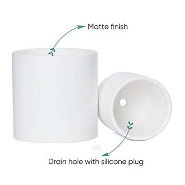 Greenaholics Plant Pots White Ceramic Pots for Plant 6+4.7Inch Matte White Cylinder Planters for Indoor Ourdoor Flower Snake Small Plants with Drainage Holes Set of 2