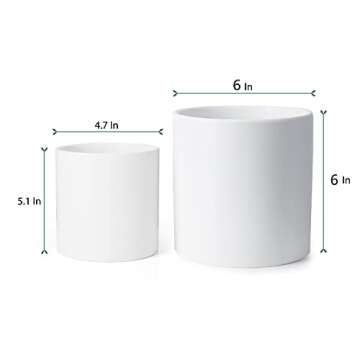 Greenaholics Plant Pots White Ceramic Pots for Plant 6+4.7Inch Matte White Cylinder Planters for Indoor Ourdoor Flower Snake Small Plants with Drainage Holes Set of 2