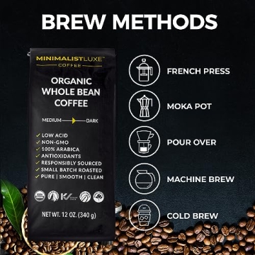MINIMALISTLUXE Organic Low Acid Coffee Beans - 12 Ounce