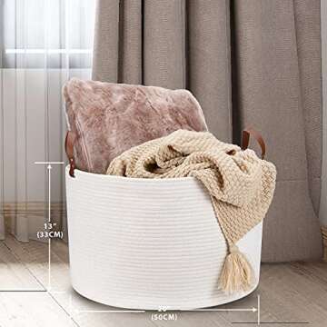 XXL Large Baskets for Storage 20"X20"X13" Cotton Rope Blanket Basket Laundry Basket Hamper- Hombins Woven Toy Storage Bin Blanket Holder Collapsible Laundry Basket with Leather Handle