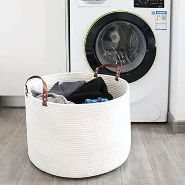XXL Large Baskets for Storage 20"X20"X13" Cotton Rope Blanket Basket Laundry Basket Hamper- Hombins Woven Toy Storage Bin Blanket Holder Collapsible Laundry Basket with Leather Handle