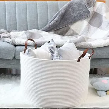 XXL Large Baskets for Storage 20"X20"X13" Cotton Rope Blanket Basket Laundry Basket Hamper- Hombins Woven Toy Storage Bin Blanket Holder Collapsible Laundry Basket with Leather Handle