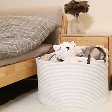 XXL Large Baskets for Storage 20"X20"X13" Cotton Rope Blanket Basket Laundry Basket Hamper- Hombins Woven Toy Storage Bin Blanket Holder Collapsible Laundry Basket with Leather Handle