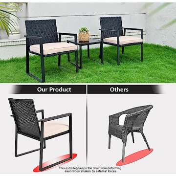 SUNLEI Outdoor 3-Piece Bistro Set Black Wicker Furniture-Two Chairs with Glass Coffee Table (Beige)