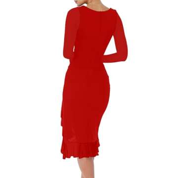 BORIFLORS Women's Sexy Ruched Bodycon Midi Dresses Elegant Mesh Long Sleeve Square Neck Ruffle Hem C...
