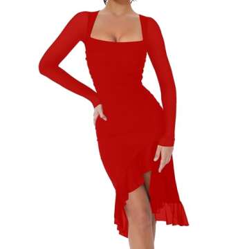 BORIFLORS Women's Sexy Ruched Bodycon Midi Dresses Elegant Mesh Long Sleeve Square Neck Ruffle Hem Cocktail Party Dress, Medium, Red