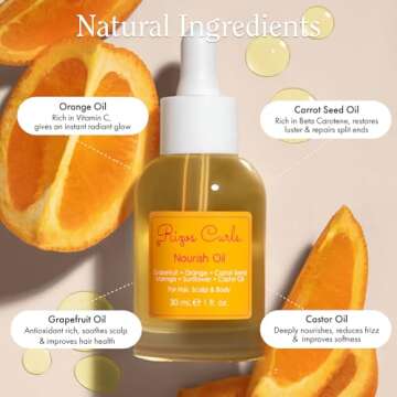 Rizos Curls Nourish Oil, Moisturize & Soften, Smooth & Shine for Frizz Free Hair, Lightweight and Quickly Absorbs, Improves Hair, Scalp & Skin with Vitamin C, For All Hair Types 1a - 4c, 1 oz