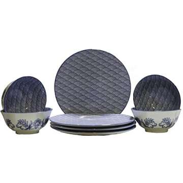 Japanese Dinnerware Set Including 4 Large Bowls and 4 Plates, Prefect for Everyday Use, Blue/White Sea and Wave Pattern (Seigaiha), Ceramic Dish Set of 8