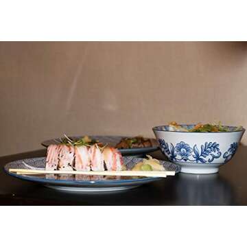 Japanese Dinnerware Set Including 4 Large Bowls and 4 Plates, Prefect for Everyday Use, Blue/White Sea and Wave Pattern (Seigaiha), Ceramic Dish Set of 8