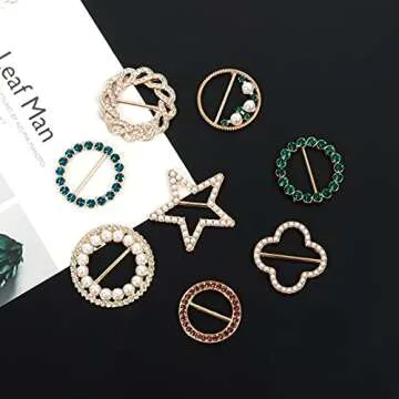T-Shirt Clips 9 PCS, Clothes Corner Knotted Button, Fashion Alloy Pearl Rhinestone Circle Clip Buckle Round Shirt Silk Scarf Tie Clasp Ring Metal Decoratice Accessories for Women Girls (Type-1)
