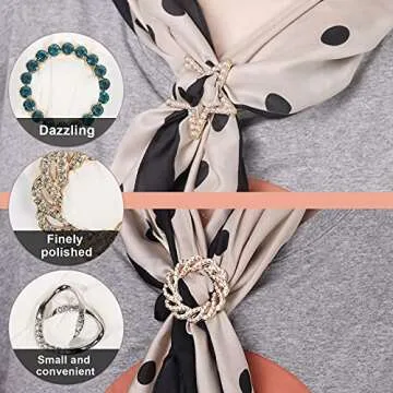T-Shirt Clips 9 PCS, Clothes Corner Knotted Button, Fashion Alloy Pearl Rhinestone Circle Clip Buckle Round Shirt Silk Scarf Tie Clasp Ring Metal Decoratice Accessories for Women Girls (Type-1)