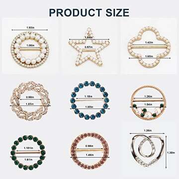T-Shirt Clips 9 PCS, Clothes Corner Knotted Button, Fashion Alloy Pearl Rhinestone Circle Clip Buckle Round Shirt Silk Scarf Tie Clasp Ring Metal Decoratice Accessories for Women Girls (Type-1)