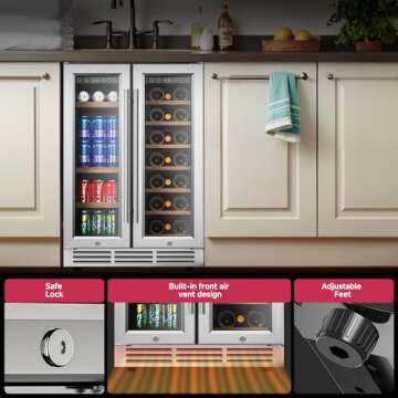 Icyglee 24" Wine and Beverage Refrigerator, Dual Zone Wine Cooler with Glass Door, Hold 88 Cans and 21 Bottles, Built in or Freestanding Under Counter Wine Fridge with Blue LED Light.
