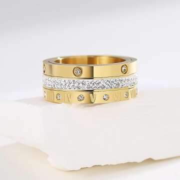 YURZA 3PCS Love Friendship Good Luck Gold Rings For Women Cubic Zirconia Jewelry Stainless Steel Gold Rings Sets For Festival Gifts (Gold(3 In 1), 8)