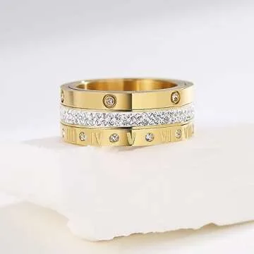 YURZA 3PCS Love Friendship Good Luck Gold Rings For Women Cubic Zirconia Jewelry Stainless Steel Gold Rings Sets For Festival Gifts (Gold(3 In 1), 8)